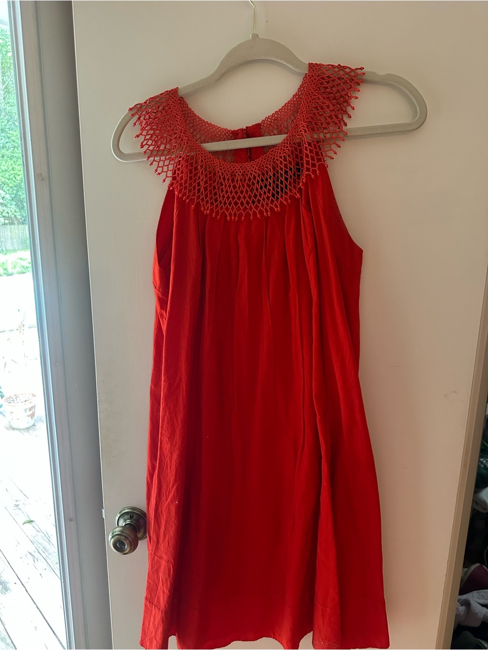 French Connection Red Sleeveless Mini Dress with Crochet Collar